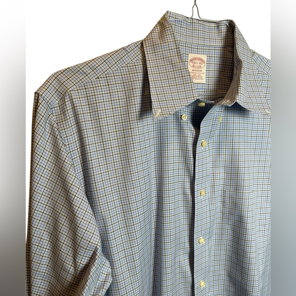 Brooks Brothers Blue Green Check Button Down Madison Fit Size 16 1/2-34 - Picture 2 of 4